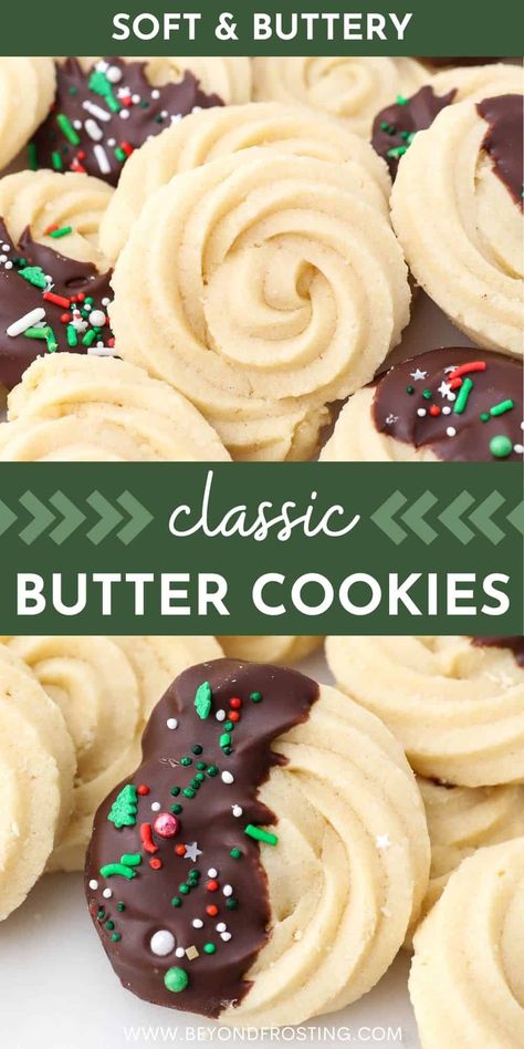 These soft and buttery swirl cookies are partially dipped in chocolate, then decorated with your favorite holiday sprinkles. Every Christmas celebration could use some of these melt-in-your-mouth Butter Cookies! Christmas Ooey Gooey Butter Cookies, Homemade Christmas Cookies, Swirl Cookies, Christmas Cookie Recipes Holiday, Cookies For Christmas, Xmas Baking, Xmas Treats, Christmas Baking Recipes, Chewy Cookies