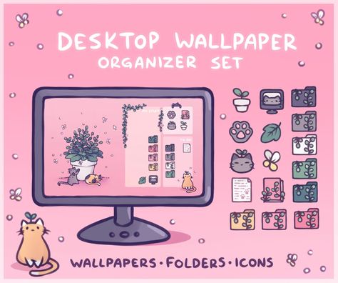 Cat Plant Computer Desktop Theme Background Wallpaper | Etsy Organizer Wallpaper, Wallpaper Organizer, Desktop Themes, Zestaw Ikon, Wallpaper Set, Desktop Wallpaper Organizer, Desktop Icons, Cat Plants, Folder Icon