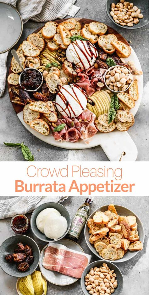 Charcuterie With Burrata, Fall Burrata Recipe, Bursts Board, Buratta Cheese Appetizer, Burrata Cheese Board, Burrata Board Ideas, Baratta Cheese Appetizers, Burrata Charcuterie Board, Burrata Appetizer Simple