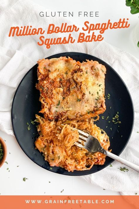 Move over boring spaghetti night because there is a new dish in town tonight! This Million Dollar Spaghetti Squash Bake is taking over! #glutenfree #grainfree #recipe #spaghettisquash #gfpasta #keto #lowcarb #allinonemeal #casserole #dinner #beef #spaghetti #milliondollarspaghetti Million Dollar Spaghetti Squash, Cheesy Baked Pasta, Spaghetti Squash Bake, Beef Spaghetti, Spaghetti Night, Pasta For Dinner, Autumn Squash, Squash Bake, Million Dollar Spaghetti