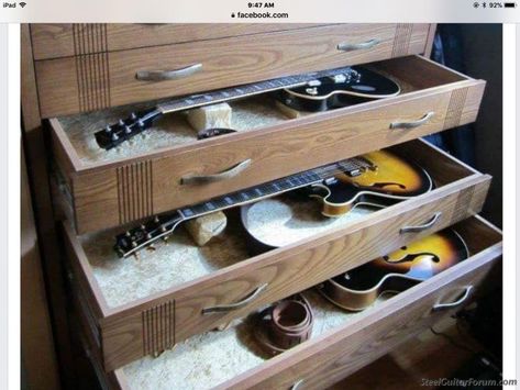 Unique storage for guitars : The Steel Guitar Forum Guitar Equipment Storage, Guitar And Amp Storage, Guitar Storage Ideas, Violin Storage, Frog Room Ideas, Guitar Storage Cabinet, Ukulele Storage, Guitar Case Storage, Guitar Pick Storage