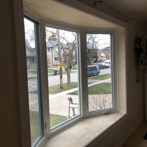 This newly installed bay window on a home in Toronto Canada features a sitting area with operable casement windows for ventilation. Using energy efficient vinyl replacement wibdows. Views and warmth in the living room. Installed by Delco Windows and Doors. Window Replacement Ideas, Bay Window Ideas, Vinyl Replacement Windows, Vinyl Windows, Energy Efficient Windows, Window Ideas, Window Replacement, Casement Windows, Windows Doors