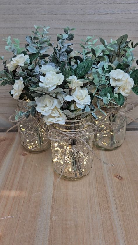 White Mini Rose & Eucalyptus Lighted Pint Mason Jar Centerpiece, Wedding Centerpiece, Farmhouse Wedding, Bridal Shower Decor, Baby Shower - Etsy Jar Centerpiece Wedding, Mason Jar Centerpiece, Pint Mason Jars, Bridal Shower Decor, Centerpiece Wedding, Mason Jar Centerpieces, Farmhouse Wedding, Mini Roses, Wedding Centerpiece