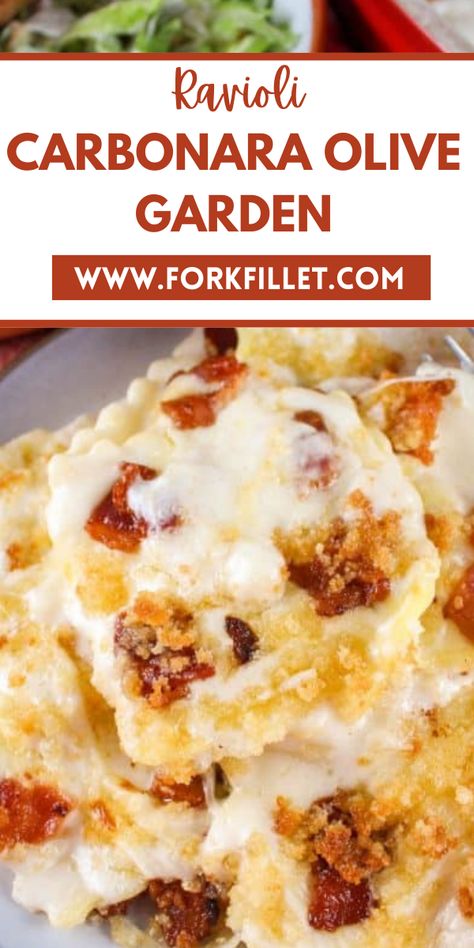 Want tasty Italian food? Try Ravioli Carbonara Olive Garden Recipe! It's creamy pasta with cheese ravioli. Olive Garden Ravioli Carbonara, Baked Cheese Ravioli, Ravioli Carbonara, Olive Garden Recipe, Cheese Ravioli Recipe, Pasta With Cheese, Pasta With Alfredo Sauce, Carbonara Sauce, Olive Garden Recipes