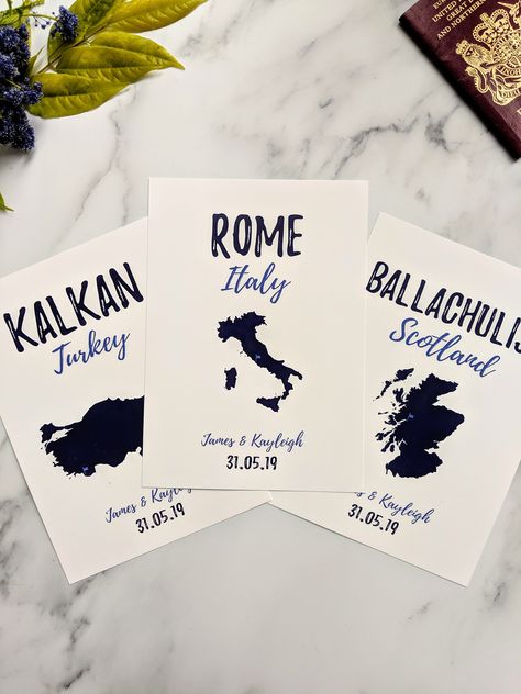 Location Wedding Table Names, Travel Table Plan Wedding, Destination Table Numbers, Map Table Numbers Wedding, Travel Theme Wedding Table Names, Wedding Table Seating Chart, Wedding Theme Color Schemes, Table Name Cards, Travel Theme Wedding