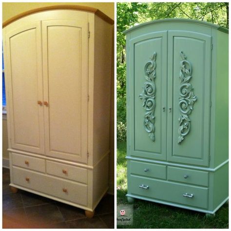 something like this to the armoire and dresser i'm getting today!!!!!!!! - jess Adding Wood Accents To Furniture, Art Deco Armoire Makeover, Wood Embellishments, Armoire Makeover, Armoire Dresser, Adding Details, Furniture Rehab, Dark Wax, Refurbished Furniture