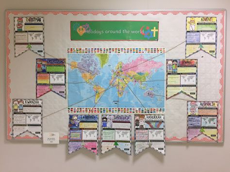 Holidays around the world bulletin board Christmas Around The World Bulletin Board, Holidays Around The World Bulletin Board, Around The World Bulletin Board, December Holidays Around The World, World Bulletin Board, Winter Stem, Holiday Bulletin Boards, Classroom Christmas, 3rd Grade Art