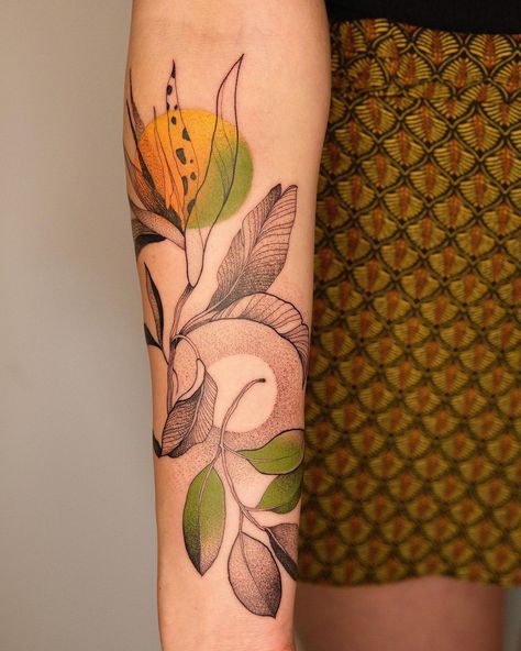 Whimsical Flower Tattoos For Women, Colorful Feminine Tattoos, Tattoo Botanica, Plant Sleeve Tattoo, Blatt Tattoos, Wrap Tattoo, M Tattoos, Plant Tattoo, Botanical Tattoo