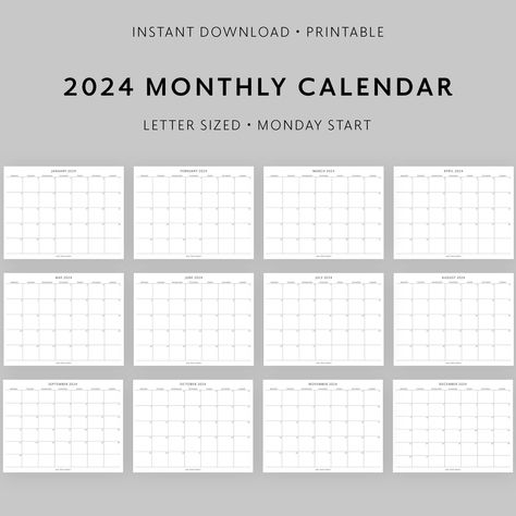 Feel more in control of your monthly commitments by writing them down this year.This is a 2024 monthly calendar printable with both a Sunday & Monday start. Your printable includes all 12 months in 2024. Just download and print whenever you want, and never have to worry about wasted pages. All files are 11 x 8.5" - the size of a standard sheet paper so your can easily print from home on demand The Details: You will receive 2 printable letter sized pdf files (Monday and Sunday start calendars) Pr Free Printable Weekly Planner Template, Free Weekly Planner Templates, 2024 Monthly Calendar, Minimal Calendar, Weekly Calendar Template, Weekly Planner Free Printable, Weekly Planner Free, Weekly Calendar Planner, Digital Weekly Planner