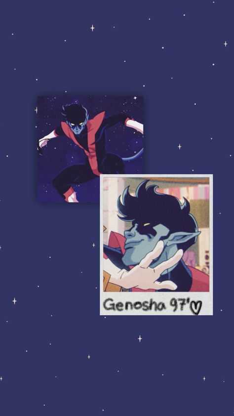 Two pictures of Nightcrawler from X-men 97 on a blue background with small white stars. One picture is a polaroid that says "Genosha 97' 🤍" Nightcrawler Xmen, X-men Wallpaper, Rogue Xmen, Xmen Movie, Skin Images, Kids' Movies, Uncanny X-men, The Uncanny, A Wallpaper