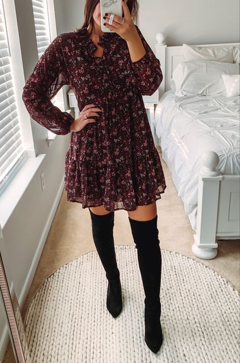 Over The Knee Boot And Dress Outfit, Over The Knee Dress Outfit, Over The Knee Boots With Dress Party, Short Dress Knee High Boots, Over The Knee Boots And Dress, Over The Knee Boot Outfit Wedding Guest, Knee Boots And Dress Outfit, Short Dress With Tall Boots, Short Winter Dresses With Boots