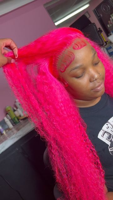 Pink Wet And Wavy Wig, Color Wet And Wavy Wig, Wet And Wavy Colored Wigs, Hot Pink Lace Front Wig, Deep Wave Wig With Color, Pink Deep Wave Wig, Colored Deep Wave Wig, Pink Wig Install, Color Wig Install