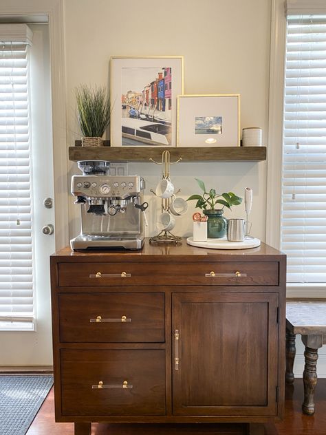 Ikea Coffee Station Cabinets, Coffee Station Buffet Table, Transitional Coffee Station, How To Style Coffee Bar, Dining Room And Coffee Bar, Coffee Station With Open Shelving, Upstairs Coffee Station, Espresso Nook In Kitchen, Modern Rustic Coffee Bar