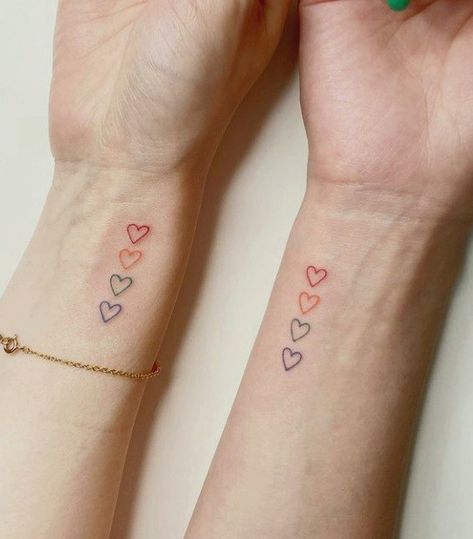 Colorful Hearts Tattoo, Rainbow Hearts Tattoo, Colored Heart Tattoo, Rainbow Heart Tattoo, White Heart Tattoos, Heart Outline Tattoo, Little Heart Tattoos, Rainbow Tattoo, Heart Tattoo On Finger