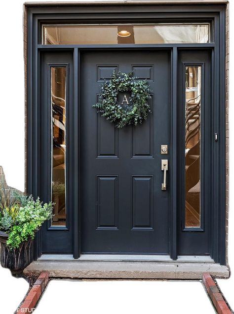 Black Doors Exterior Front Entry, Colonial House Front Door, Modern Colonial Exterior, Portico Design, Black Front Door, Front Door Lighting, Colonial House Exteriors, Best Front Doors, House Front Porch