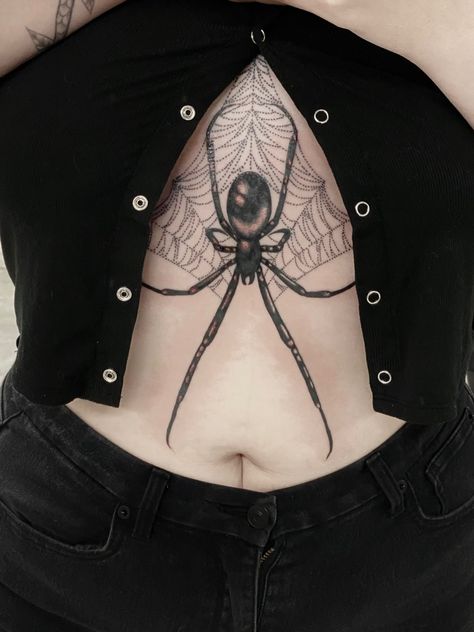 Sternum tattoo of spider @kasiahbrooke on instagram. Done at studio 21 tattoos in daytona FL by christian Spider Tattoo For Women Chest, Spider Belly Tattoo, Sternum Spider Tattoo, Spider Rib Tattoo, Spider Chest Tattoo Female, Spider Web Tattoo On Breast, Spider Underboob Tattoo, Spider Web Sternum Tattoo, Spiderweb Underboob Tattoo