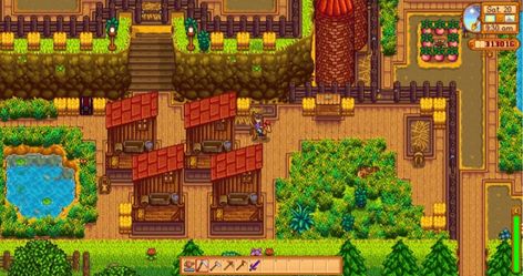 Stardew Valley - Hilltop 2 Farm | large stable area for my 4 horses > layout design | LadyAmalthea Stardew Valley Horse Stable, Stardew Valley Farm Ideas, Stardew Valley Farm, Kirby Nintendo, Farm Layout, Horse Stable, Farming Simulator, Indie Game, Nerd Love