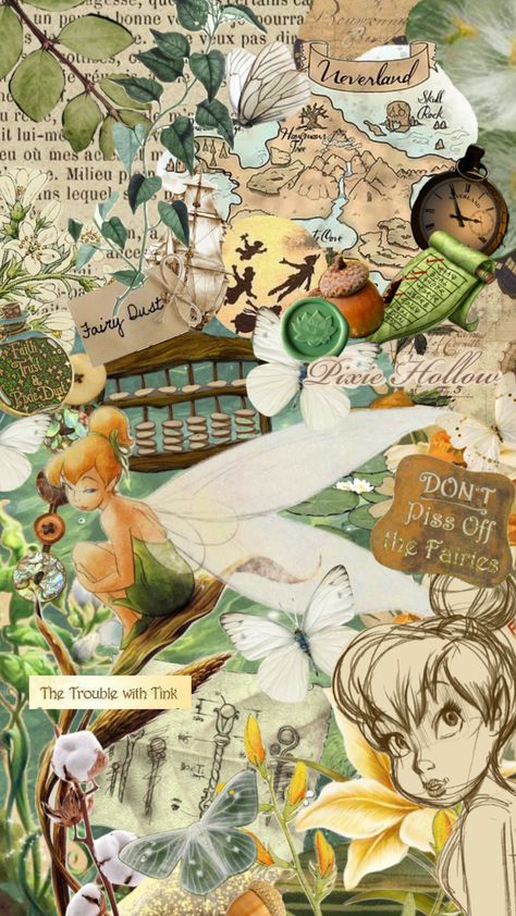 Tinkerbell Collage Wallpaper, Tinkerbell And Peter Pan Aesthetic, Pixie Hollow Wallpaper, Disney Tinkerbell Wallpaper, Tinker Bell Wallpaper Aesthetic, Tinkerbell Aesthetic Wallpaper, Tinkerbell Wallpaper Iphone, Tinkerbell Background, Tinkerbell Vintage