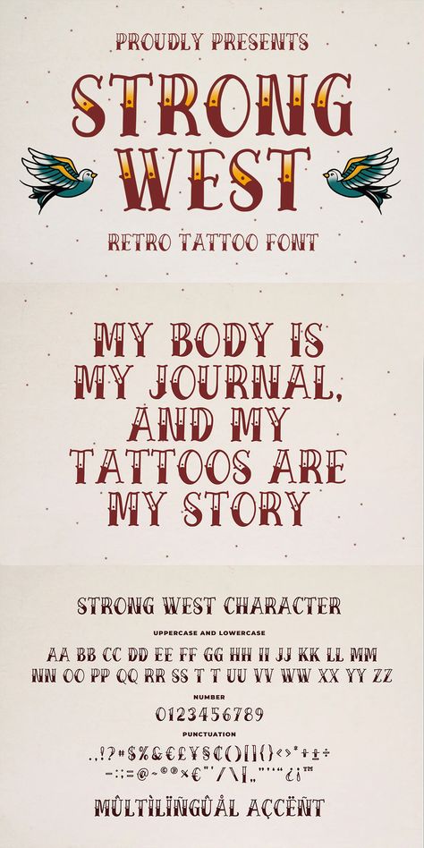 Strong West - Retro Tattoo Font Western Lettering Tattoo, Traditional Tattoo Font Lettering, Western Script Tattoo, Western Hand Lettering, Vintage Tattoo Font, Western Font Tattoo, Broke Tattoos, Traditional Tattoo Fonts, American Traditional Font