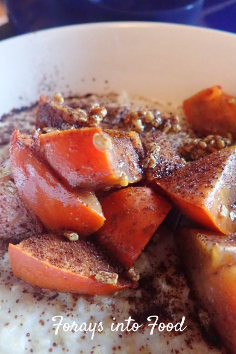 Looking for a warming winter breakfast? Check out this persimmon oatmeal from my food blog. With some coconut, vanilla and cocoa spice in the porridge itself, and honey-lime glazed roasted persimmons over the top, it hits the spot on a snowy morning! #glutenfree #vegetarian #winterwarmer #quickandeasy Persimmon Oatmeal, Winter Breakfast, Honey Lime, Persimmon, Recipe Of The Day, Pot Roast, Just Desserts, Food Blog, Oatmeal