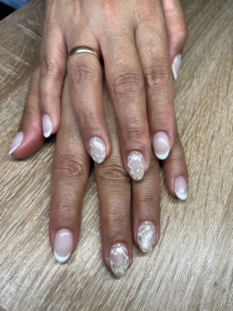 White french gold flakes stars butterflies butterfly milky base nude natural long short oval almond natural nails Nude Nails With Butterflies, Almond Natural Nails, Butterfly Nails Natural Nail, Neutral Nails Butterfly, White French, Star Butterfly, Gold Flakes, Nail Games, Natural Nails