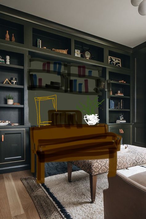 built in shelves around piano Piano With Shelves Above, Built In Shelves Around Piano, Shelves Around Piano, Built Ins Around Piano, Piano Decor, Homeschool Room, Book Shelves, Built In Shelves, Music Room