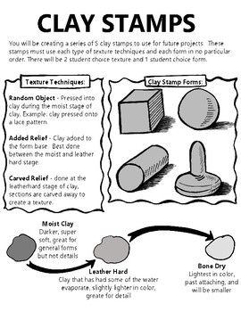 This how-to guide helps students create a series of 4 clay stamps.  -Clay dry levels-Types of textures- Types of forms1 page documentupdated 2/23/2021 Stamping Clay, How To Make Porcelain, Ceramic Tips, Coil Pot, High School Ceramics, Pottery Stamps, Clay Lesson, Pottery Stamp, Coil Pottery