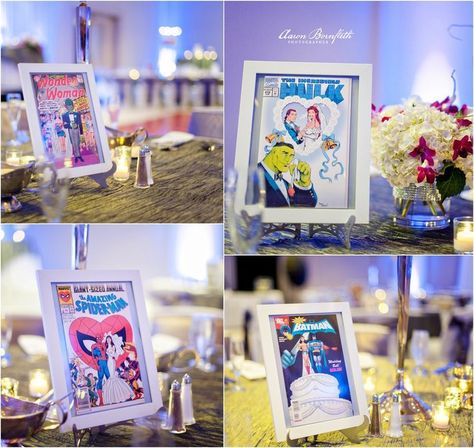 Comic book wedding covers instead of table numbers - Visit to grab an amazing super hero shirt now on sale! Marvel Wedding Theme, Superhero Wedding Theme, Comic Book Themed Wedding, Comic Wedding, Marvel Wedding, Comic Book Wedding, Nerd Wedding, Superhero Wedding, Geeky Wedding