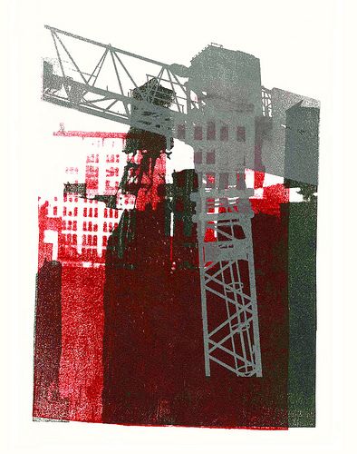 - Gray construction crane and water-towers in New York City -  - giclee fine art print, from her original mono-type collage, for sale; by Dutch graphic woman artist Hilly van Eerten Building Collage, Colour Overlay, Kunst Collages, Architectural Paintings, Collagraphy, Print Repeat, Construction Crane, Graphic Photo, Tower Crane