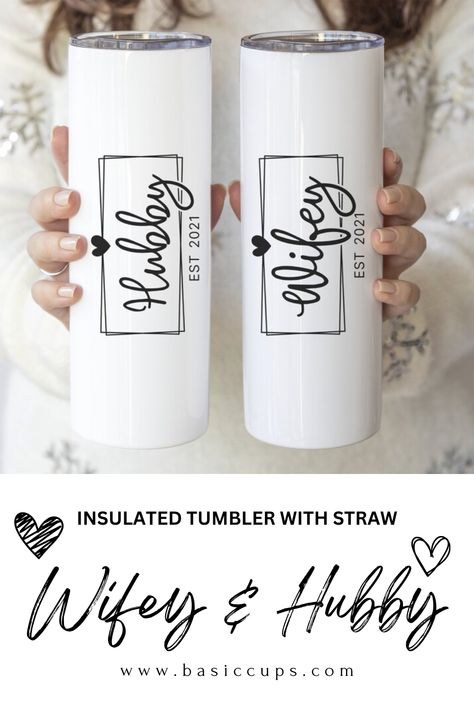 Introducing the perfect gift for couples: our "wifey and hubby" matching insulated tumbler set.These stainless steel tumblers are perfect for on-the-go use, keeping hot drinks hot and cold drinks cold for hours.The set includes two tumblers, each with its own straw for easy sipping. Matching Tumblers, Gifts Business, Water Tumbler, Gift Business, Gift For Couples, Personalized Tumbler, Couple Matching, Personalized Tumblers, Market Place