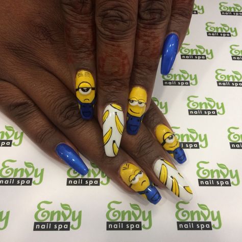 Universal Themed Nails, Despicable Me Nails, Nail Art Designs Character, Minion Nails Acrylic, Minion Nails Designs, Universal Studio Nails, Transformers Nails, Lorax Nails, Among Us Nails