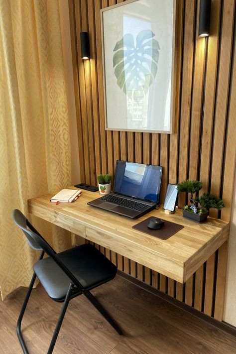 Slat Wall DIY Floating Pc Desk, Wooden Slat Wall Office, Office With Slat Wall, Floating Slat Wall, Hanging Desk Ideas, Slat Wall Office Ideas, Slat Wall Desk, Bedroom With Slat Wall, Office Wooden Wall Design