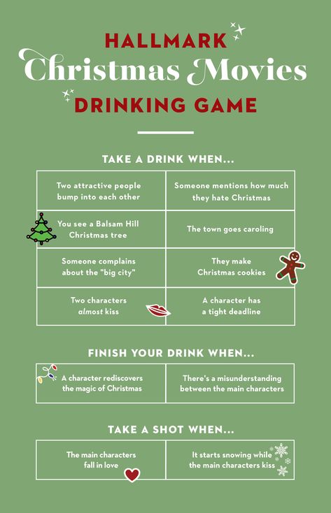 This Is the Ultimate Hallmark Christmas Movie Drinking Game goodhousemag Hallmark Movie Drinking Game, Hallmark Christmas Movie Drinking Game, Christmas Movie Drinking Games, Christmas Drinking Games, Movie Drinking Games, Movie Games, Drinking Games For Parties, Hate Christmas, Christmas Drinking