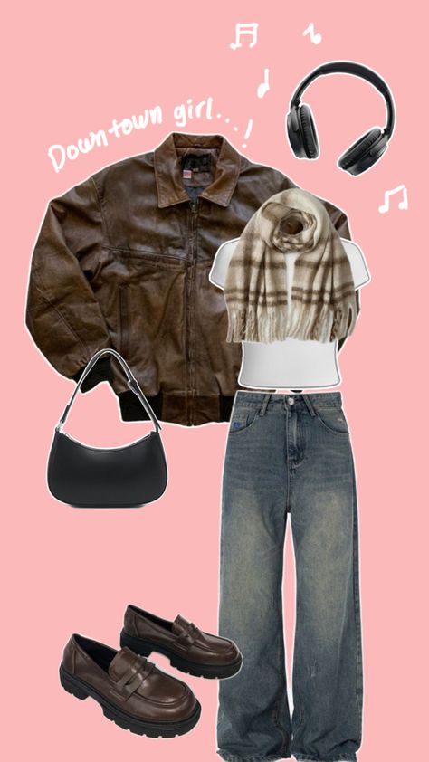 inspired by downtown girl aesthetic. baggy jeans, brown shoes, headphones, small bag, brown leather jacket, brown scarf. Aesthetic Baggy Jeans, Leather Jacket Jeans Outfit, Brown Jacket Outfit, Outfits With Baggy Jeans, Brown Leather Jacket Outfit, Downtown Girl Aesthetic, Leather Jacket Brown, Brown Scarf, Jean Jacket Outfits