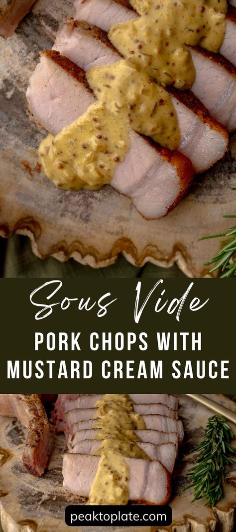 Juicy and tender sous vide pork chops precision-cooked to perfection, complemented by a rich mustard cream sauce. Never overcook your pork chops again! Sous Vide Pork Chops, Upstate Ramblings, Sous Vide Pork, Mustard Cream Sauce, Mustard Pork Chops, Cooking Pork Chops, Gourmet Sandwiches, Pork Loin Chops, Sous Vide Recipes