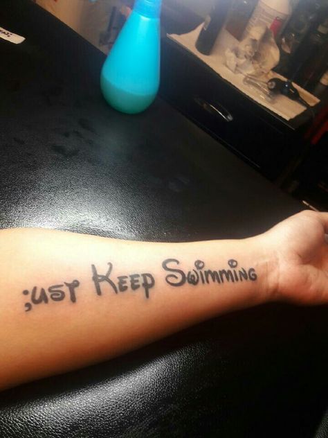 Semicolon tattoo. Just keep swimming Disney Semicolon Tattoo, Keep Swimming Tattoo, Just Keep Swimming Tattoo, Dory Tattoo, Semicolon Tattoo Ideas, Gaelic Tattoo, Semicolon Tattoos, Tattoo Therapy, Colon Tattoo