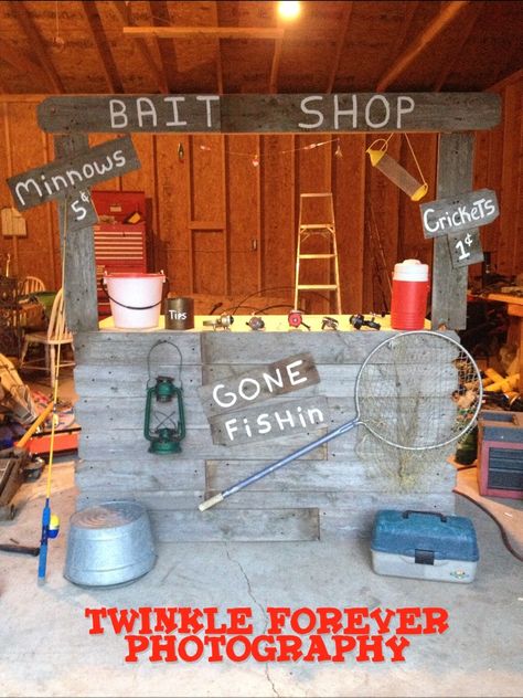 The Bait Shop I Made For A Mini Session Fishing Backdrop Party Ideas, Bait Shop Photo Shoot, Bait Shop Sign, Bait Shop Ideas, Fishing Photo Booth, Fishing Booth, Gone Fishing Party, Fishing Table, Fishing Themed Birthday Party