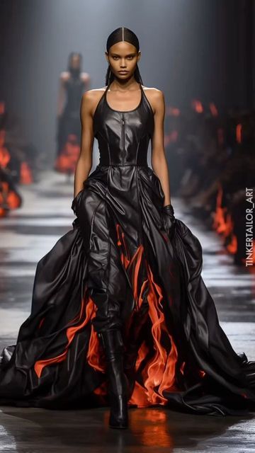 Fire Themed Dress, Fire Themed Outfits, Runway Fashion Couture, Haute Couture Dresses, Haute Couture Fashion, Glam Dresses, Fantasy Fashion, Dark Fashion, Inspired Dress