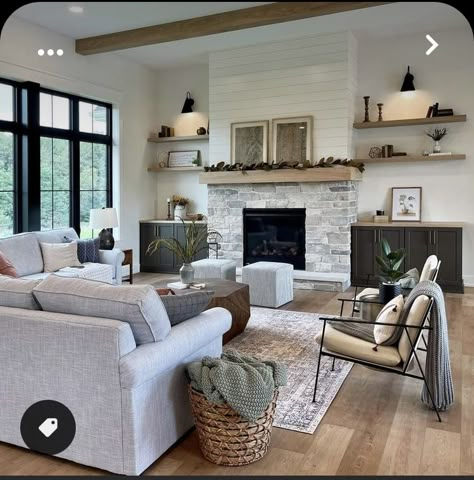 Tv To Side Of Fireplace Layout, Middle Fireplace Living Room, Living Room With Sectional And Fireplace, Fireplace With Hearth And Mantle, Fireplace Modern Farmhouse, Fireplace Shelving, Staging House, Addition Plans, Moody Farmhouse