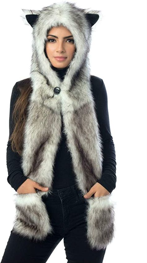 Amazon.com: White Wolf Hood Faux Fur Hat with scarfs mittens & paws 3 in 1 by Hatbutik : Clothing, Shoes & Jewelry Wolf Halloween Costume, Paw Gloves, Faux Fur Hoodie, The Mitten, Halloween 3, Animal Hoodie, Faux Fur Hat, Fur Hoodie, Animal Hats