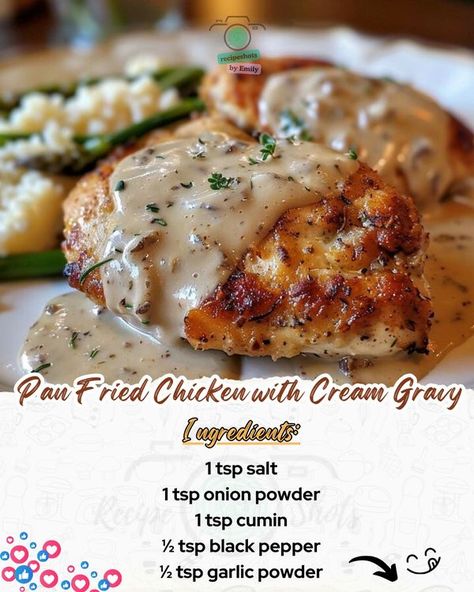 Emily Recipes | Pan Fried Chicken with Cream Gravy Pan Fried Chicken With Gravy, Pan Gravy, Cream Gravy, Gravy Ingredients, Chicken Ideas, Pan Fried Chicken, Onion Powder, Frying Pan, Pork Chops