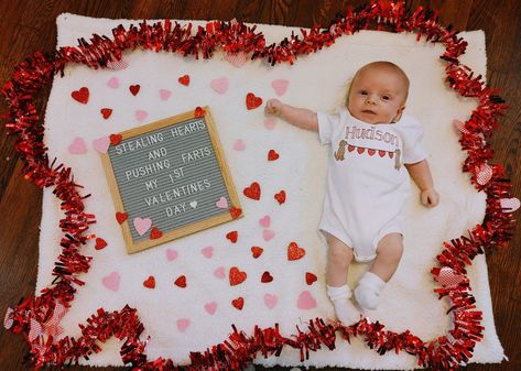 Valentine’s Day Baby Milestone, Valentines Milestone Picture, February Milestone Baby Picture, Newborn Valentines Day Photo Ideas, Daycare Valentines, Holiday Photo Session, Kate Baby, Month Pictures, Baby Milestones Pictures