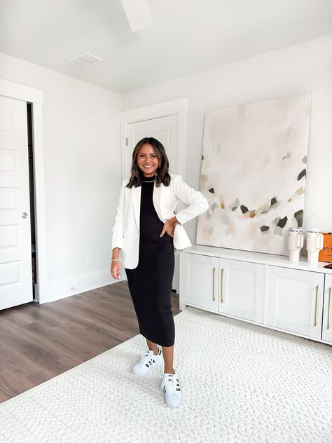 black sweater dress / white blazer / adidas / sneakers / work outfit / office outfit White Sneakers Outfit Classy, White Sneakers Work Outfit, Sneakers Office Outfit, Work Outfits Sneakers, Workwear With Sneakers, Work Outfit With Sneakers, Sneakers Work Outfit, White Blazer Outfit Work, Adidas Sneakers Outfit