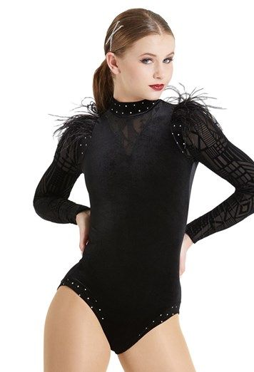 Geometric Velvet Leotard With Feathers | Weissman® Velvet Leotard, Dance Studio Owner, Jazz Costumes, Mesh Sleeves, Dance Outfits, Dance Costumes, Barrettes, Dance Wear, Leotards