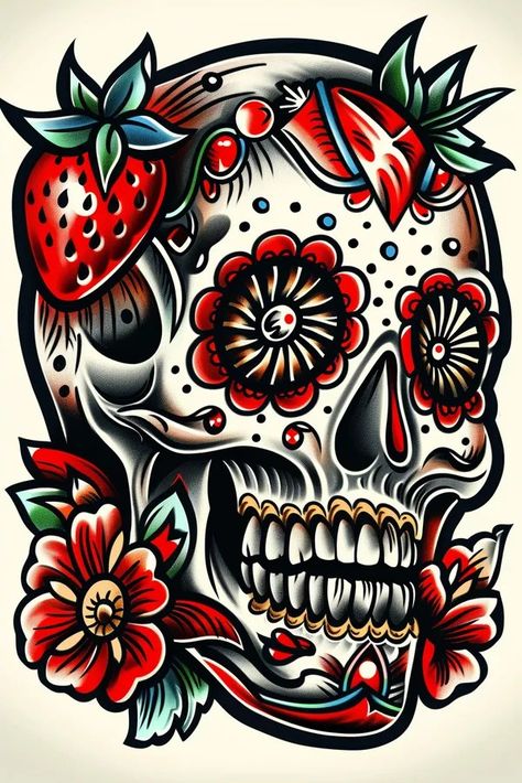 Tattoo idea: Strawberry sugar skull tattoo sketch in triangle scele New School Skull Tattoo, Skull Tattoo Sketch, Sugar Skull Tattoo, Symmetrical Tattoo, Strawberry Sugar, New Tattoo Designs, Triangle Tattoos, Sugar Skull Tattoos, Traditional Japanese Tattoos