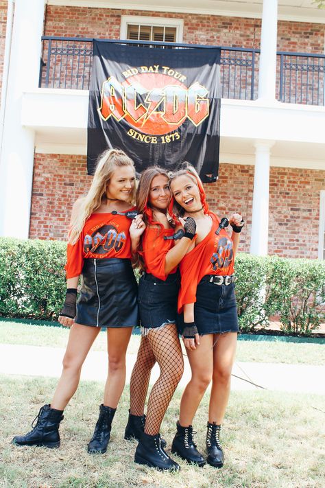 ACDG, AC/DC bid day theme sorority delta Gamma rock’n roll red black white leather face tattoos banner Rock And Roll Theme Party Outfit, Nascar Outfit, Sorority Themes, Recruitment Themes, 80s Party Outfits, Spirit Week Outfits, Sorority Recruitment Outfits, Leather Face, Roll Dress