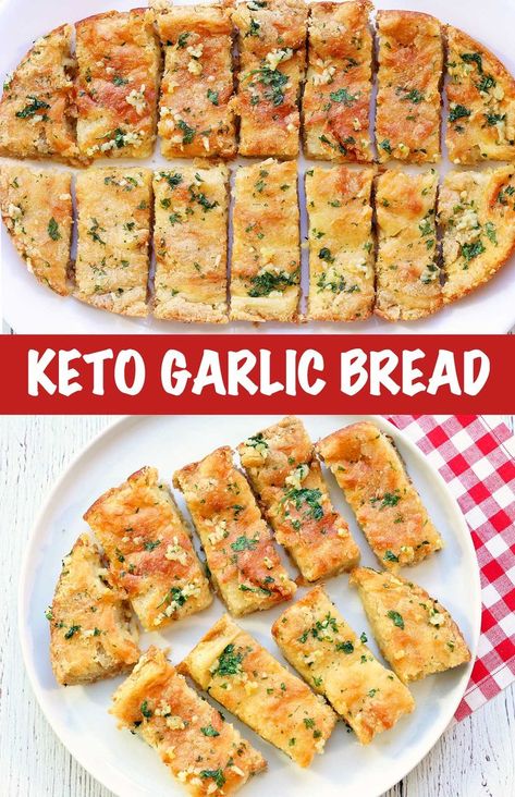 Two photos showing a keto garlic bread on a white plate. Almond Flour Dough Recipe, Keto Garlic Bread Recipes, Keto Garlic Bread Almond Flour, Keto Cheese Bread Almond Flour, Keto Garlic Bread Easy, Keto Rolls Almond Flour Easy, Almond Flour Keto Bread, Bread Recipes With Almond Flour, Keto Italian Bread