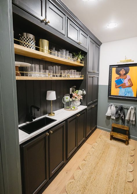 Basement Butler's Pantry Reveal - Live Pretty on a Penny Wet Bar Pantry Combo, Butlers Pantry Office Combo, Basement Snack Bar, Exposed Pantry, Basement Kitchenette, Office Pantry, Kitchen Table Makeover, Home Bar Rooms, Pantry Wall