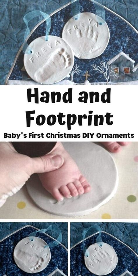 Diy First Christmas Ornament, Newborn Crafts, Baby Footprints Christmas, Baby Christmas Crafts, Salt Dough Christmas Ornaments, Theme Carnaval, Air Drying Clay, Handprint Ornaments, Handprint Christmas