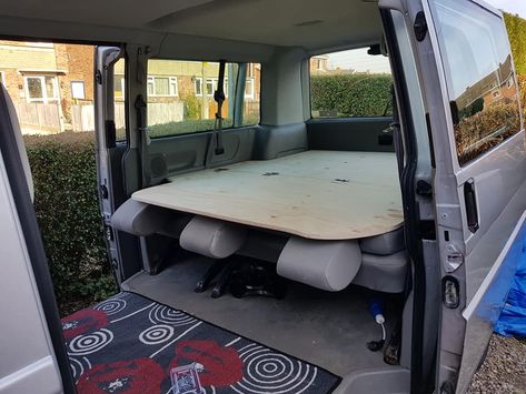 Caravelle LWB DIY King Size Bed (Nearly) - VW T4 Forum - VW T5 Forum Diy King Size Bed, T4 Camper Interior Ideas, Vw T5 Caravelle, T5 Caravelle, Camper Van Kitchen, Vw T4 Transporter, T4 Camper, Vw Caravelle, Camper Beds